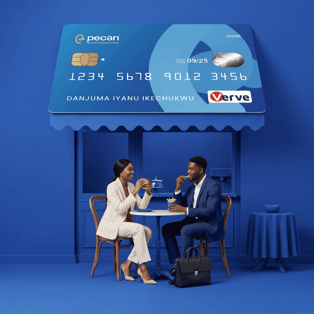 A couple dining beneath an awning made from the Pecan debit card