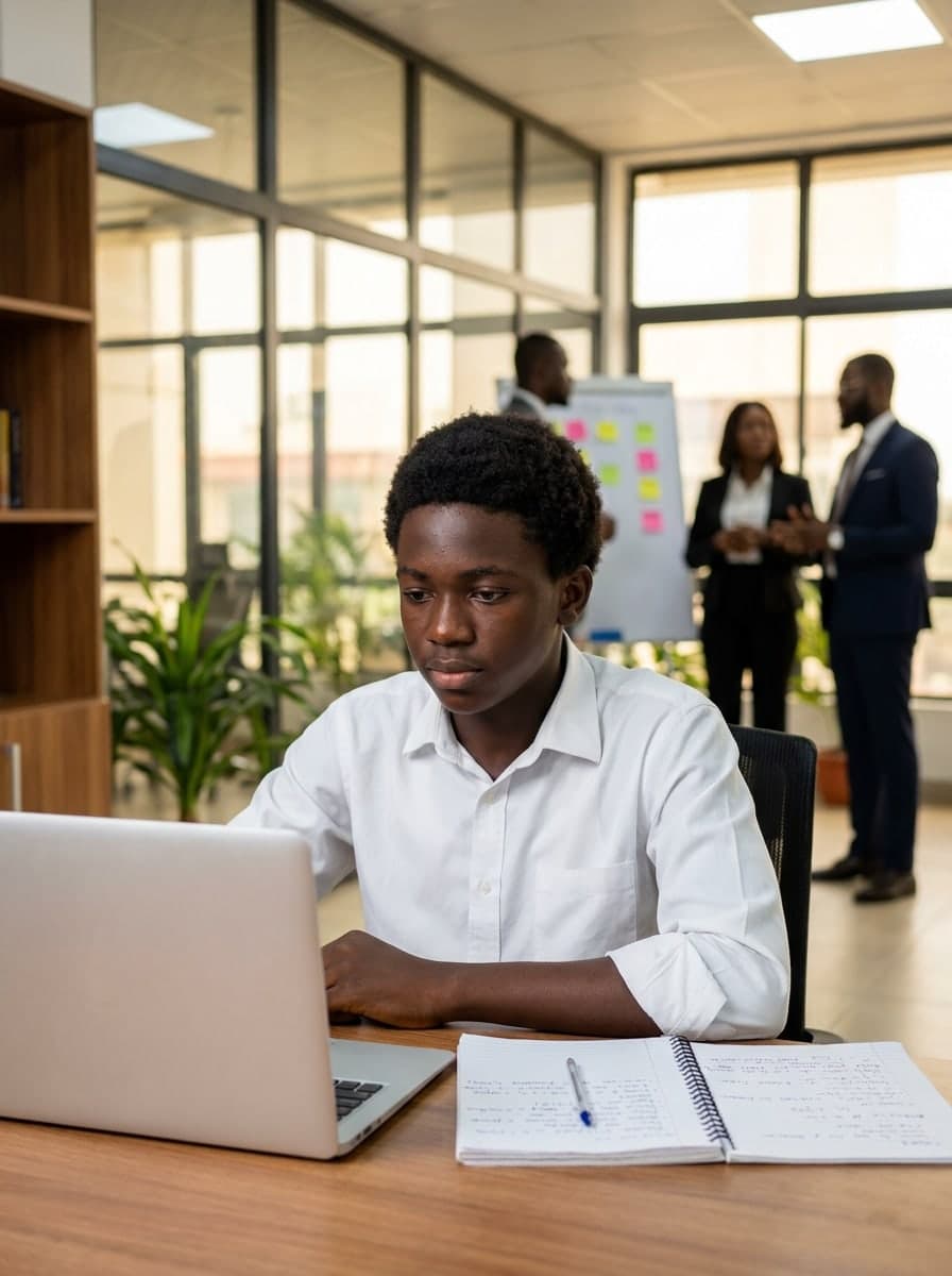 A teenager studying at a laptop in a bright Lagos workspace